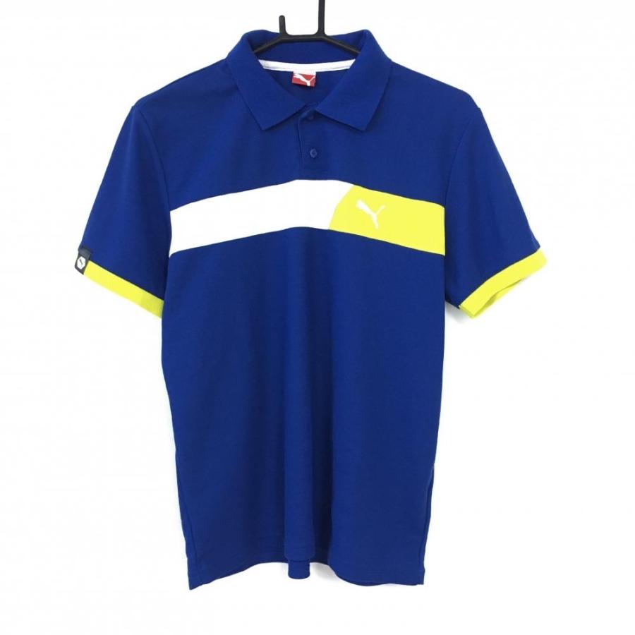 PUMA プーマ 半袖ポロシャツ ブルー×イエロー ライン メンズ L ゴルフ