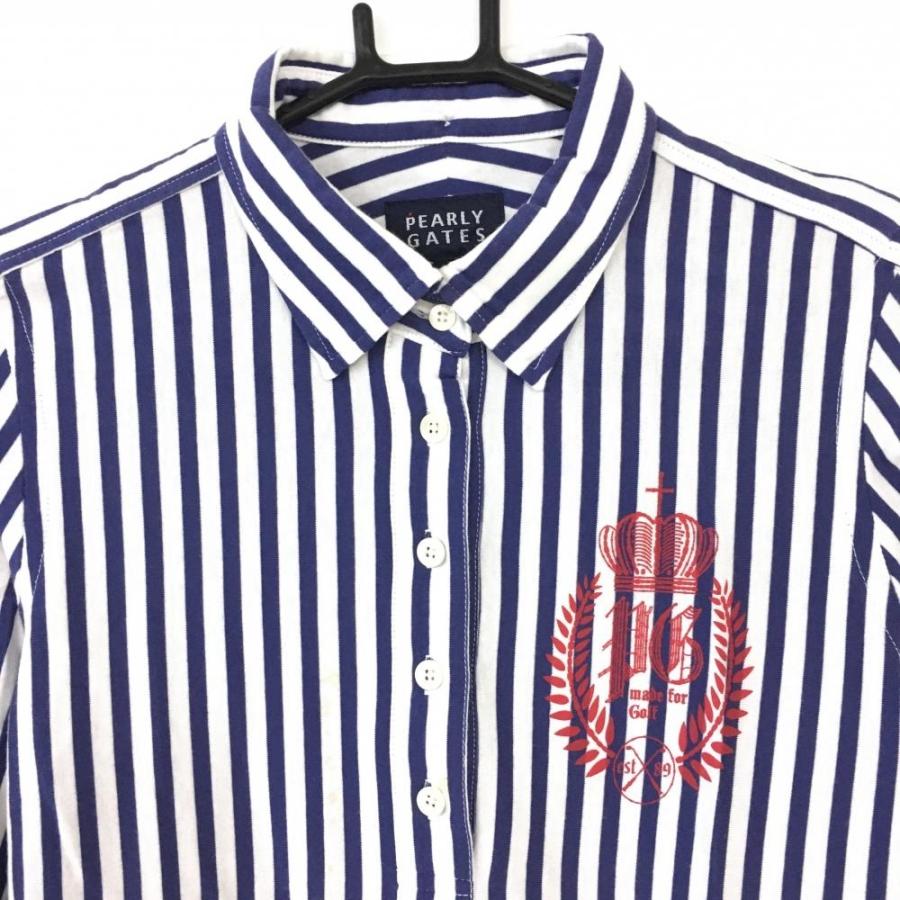 PEARLY GATES（パーリーゲイツ） 長袖ポロシャツ 白×ブルー ストライプ