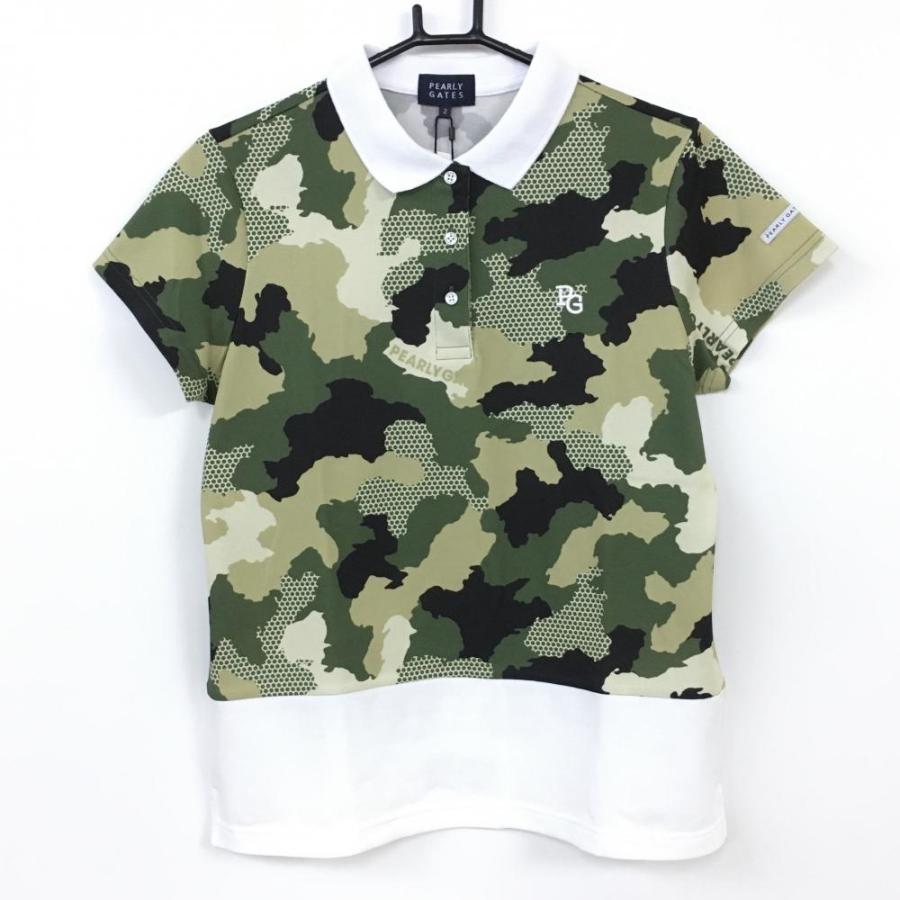 50%OFF価格／(新品)2022年 10％OFF〜＊PEARLY GATES パーリーゲイツ 半袖ポロシャツ ダークグリーン&times;黒 迷彩 レディース 2(Ｌ) ゴルフウェア