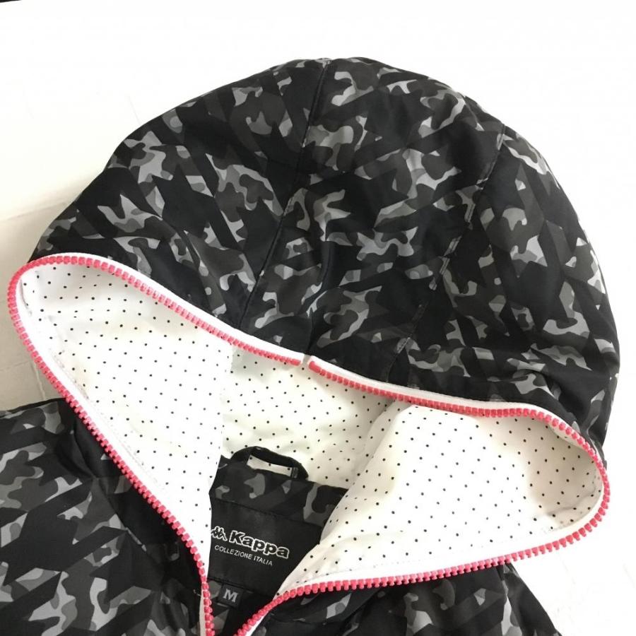 超美品)Kappa カッパ フード付きダウンベスト 黒×グレー カモフラ 迷彩