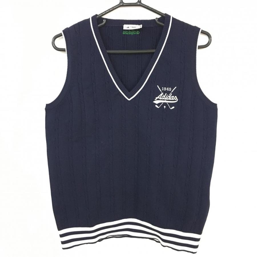 adidas レディース ベスト ホワイト/ネイビー adidas アディダス ニットベスト ネイビー×白 前面ストライプ V