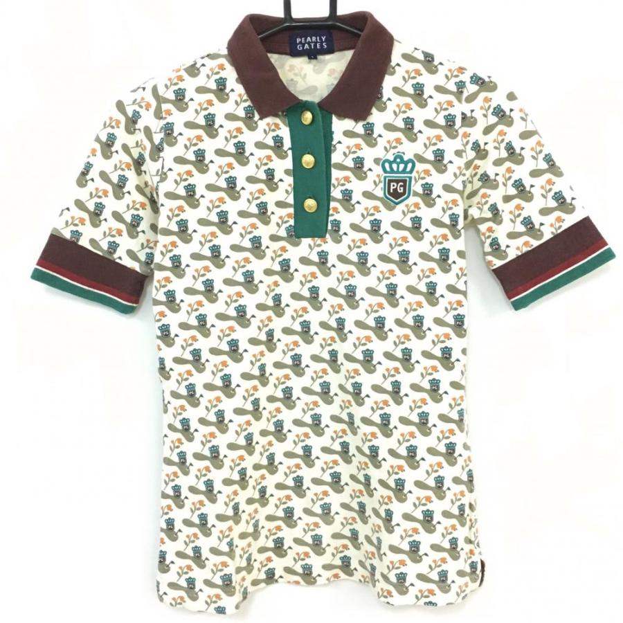 PEARLY GATES パーリーゲイツ 半袖ポロシャツ 白×グレー×ブラウン 花柄 
