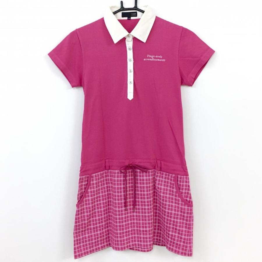 23区スポーツ 半袖ポロワンピース ピンク×白 スカートチェック柄 