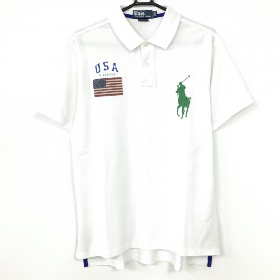 ポロbyラルフローレン 半袖ポロシャツ 白×グリーン ビッグポニー 星条旗ワッペン メンズ L ゴルフウェア Ralph Lauren (美品)/25%OFF価格 :1-240001096169:レオナード 通販 美品 ポロラルフローレン ポロシャツ ビックポニー 半袖 白 ゴルフ Lサイズ