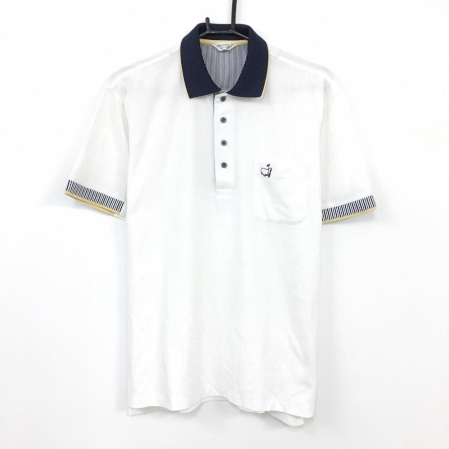 マスターズ 半袖ポロシャツ 白×ネイビー 織生地ストライプ メンズ M