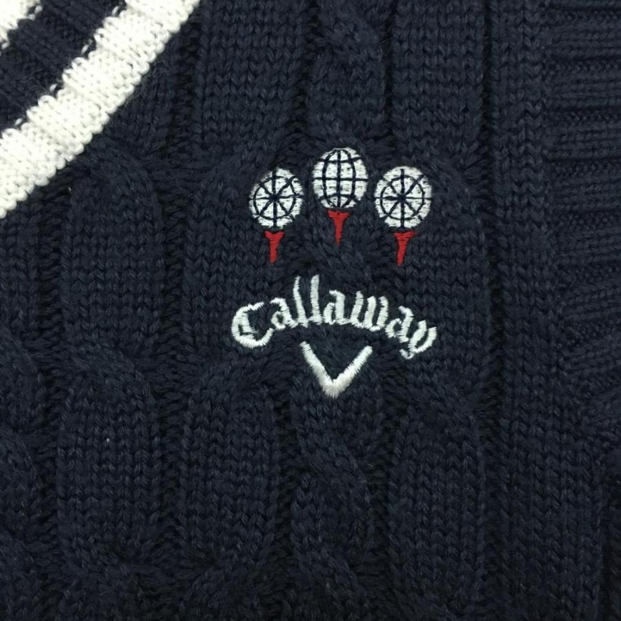 30%OFF価格／Callaway キャロウェイ ニットベスト ネイビー×白 ケーブル編み Vネック レディース L ゴルフウェア｜reonard｜03