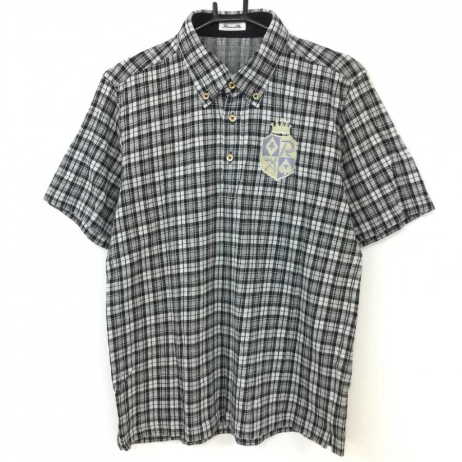 超美品】RomaRo ロマロ 半袖ポロシャツ 黒×グレー チェック柄 綿 超美品】RomaRo ロマロ 半袖ポロシャツ 黒×グレー チェック柄 綿