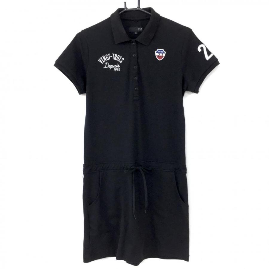 ズンバ 23区スポーツ 半袖ポロワンピース 黒×白 ウエストマーク 