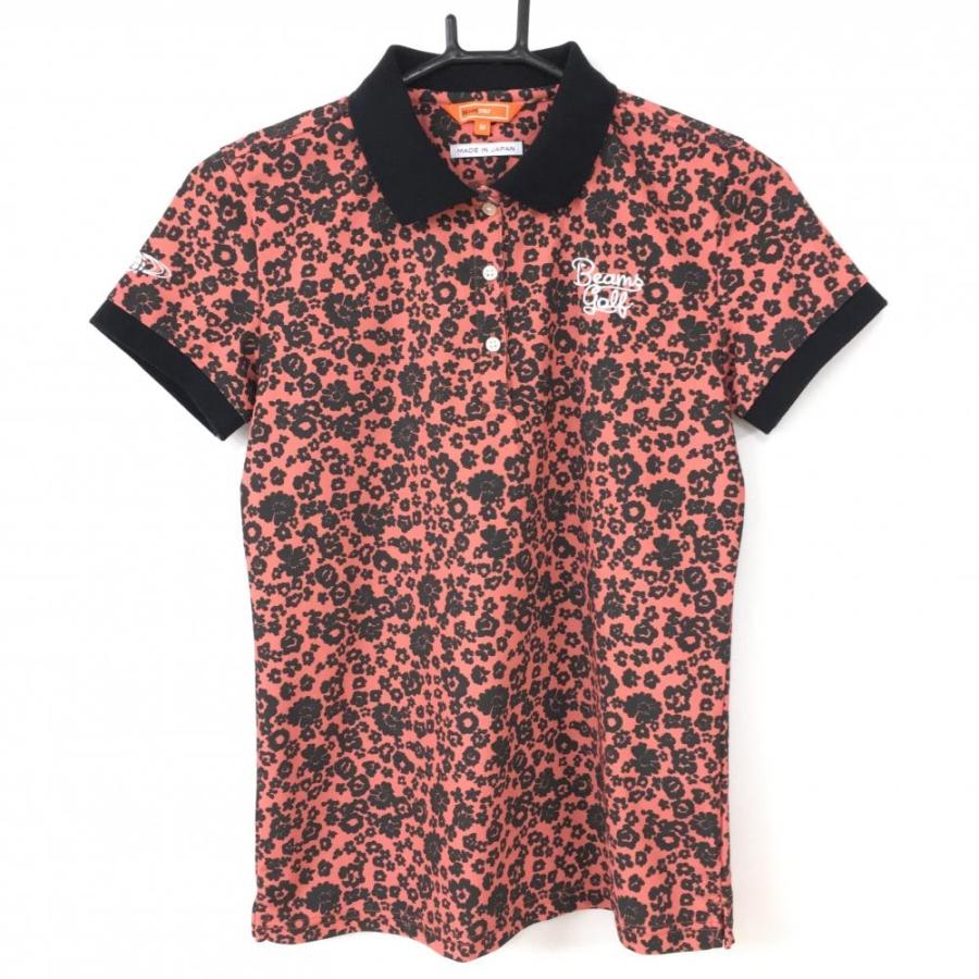 ビームスゴルフ 半袖ポロシャツ サーモンピンク×黒 小花柄 日本製