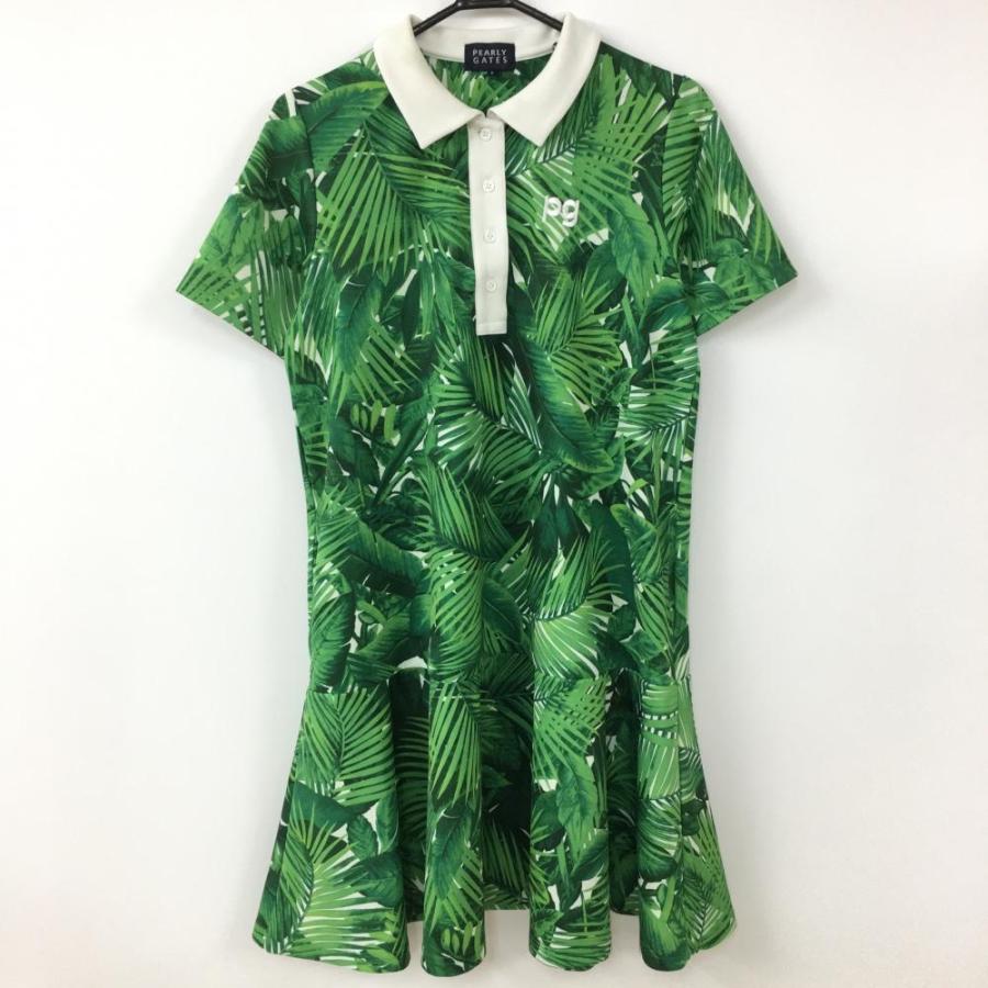 PEARLY GATES パーリーゲイツ 半袖ポロワンピース グリーン×白 リーフ  