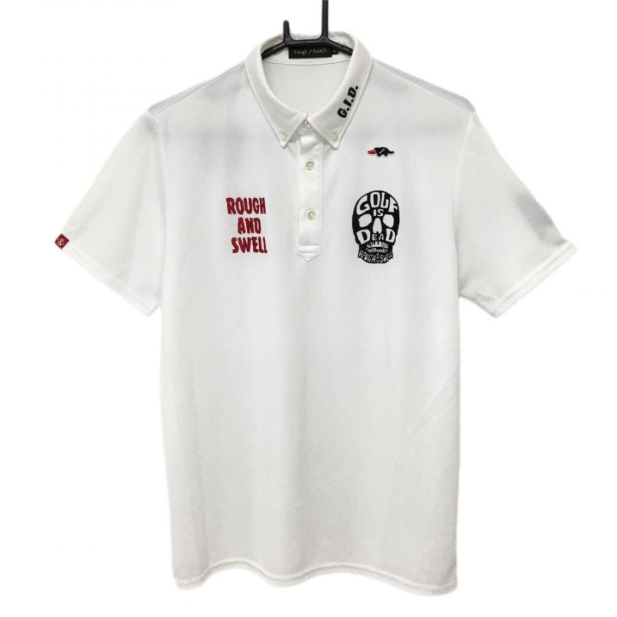 ラフアンドスウェル 半袖ポロシャツ 白×黒 スカル刺しゅう ボタン  