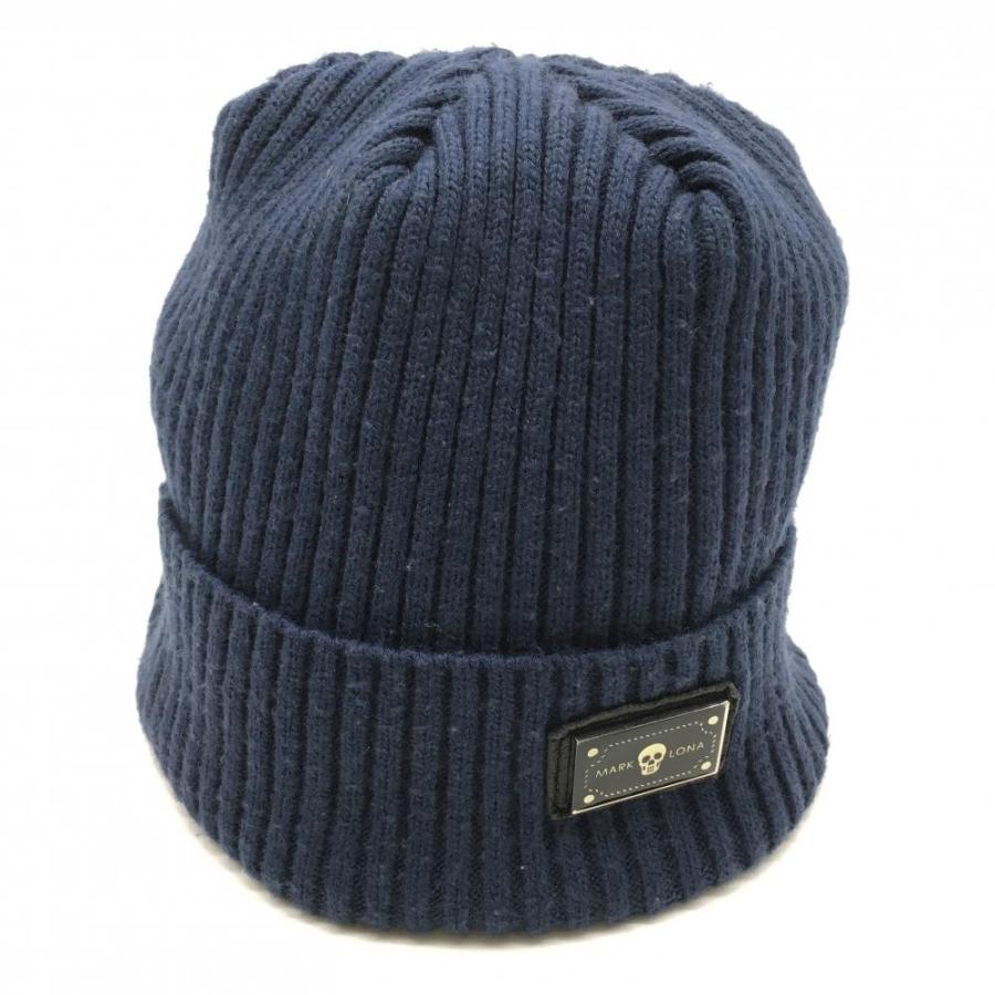 マークアンドロナニット帽 美品】マークアンドロナ ニット帽 ネイビー×グレー ウール混 ロゴ