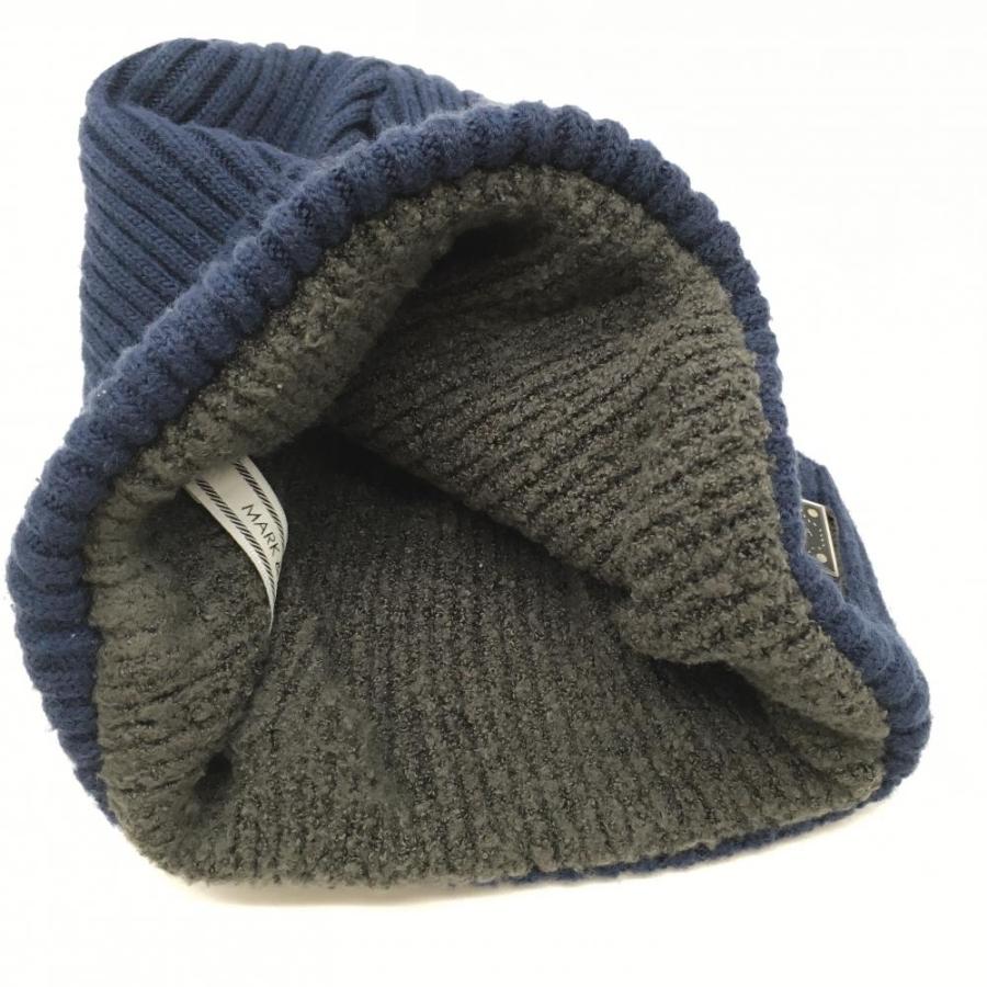 マークアンドロナニット帽 美品】マークアンドロナ ニット帽 ネイビー×グレー ウール混 ロゴ