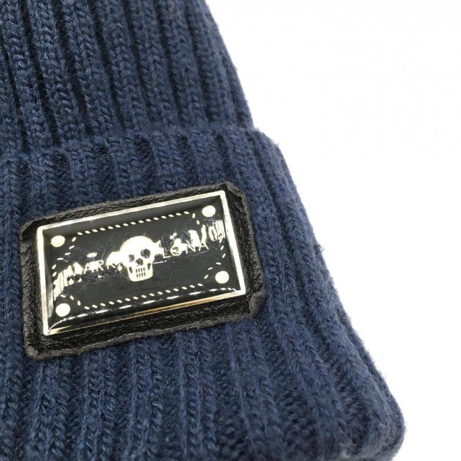 美品】マークアンドロナ ニット帽 ネイビー×グレー ウール混 ロゴ
