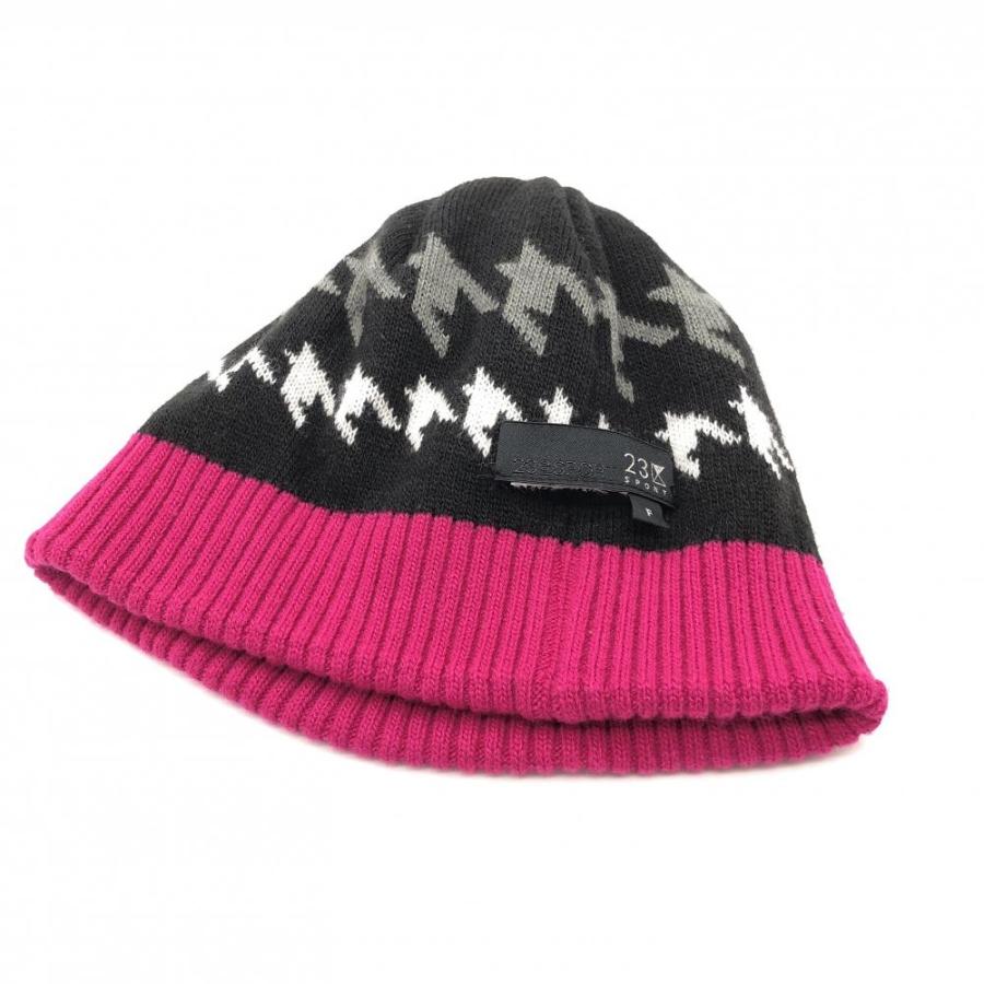 23区スポーツ リバーシブルニット帽 黒×ピンク 千鳥格子×ケーブル編み  