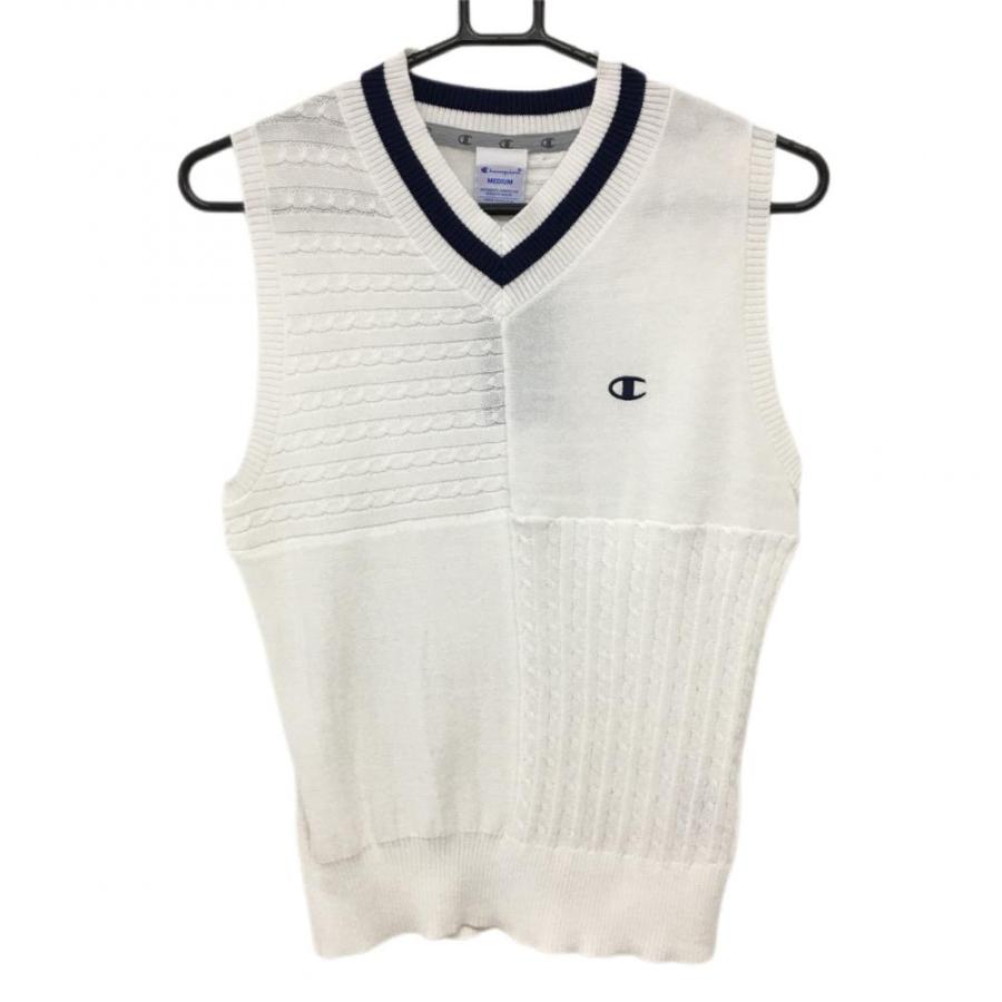 Champion（チャンピオン） ニットベスト 白×ネイビー 一部ケーブル編み 
