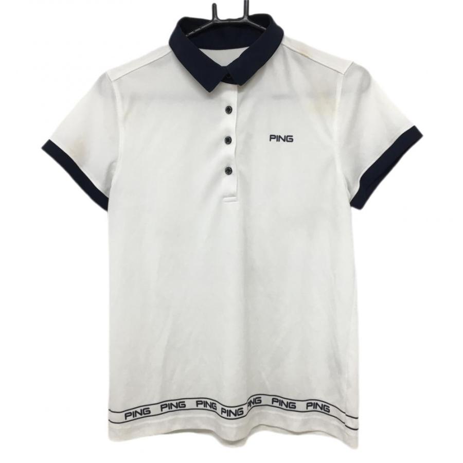 PING レディース ポロシャツ Lサイズ ホワイト PING ピン 半袖ポロシャツ 白×ネイビー 裾ロゴ 織生地 レディース L