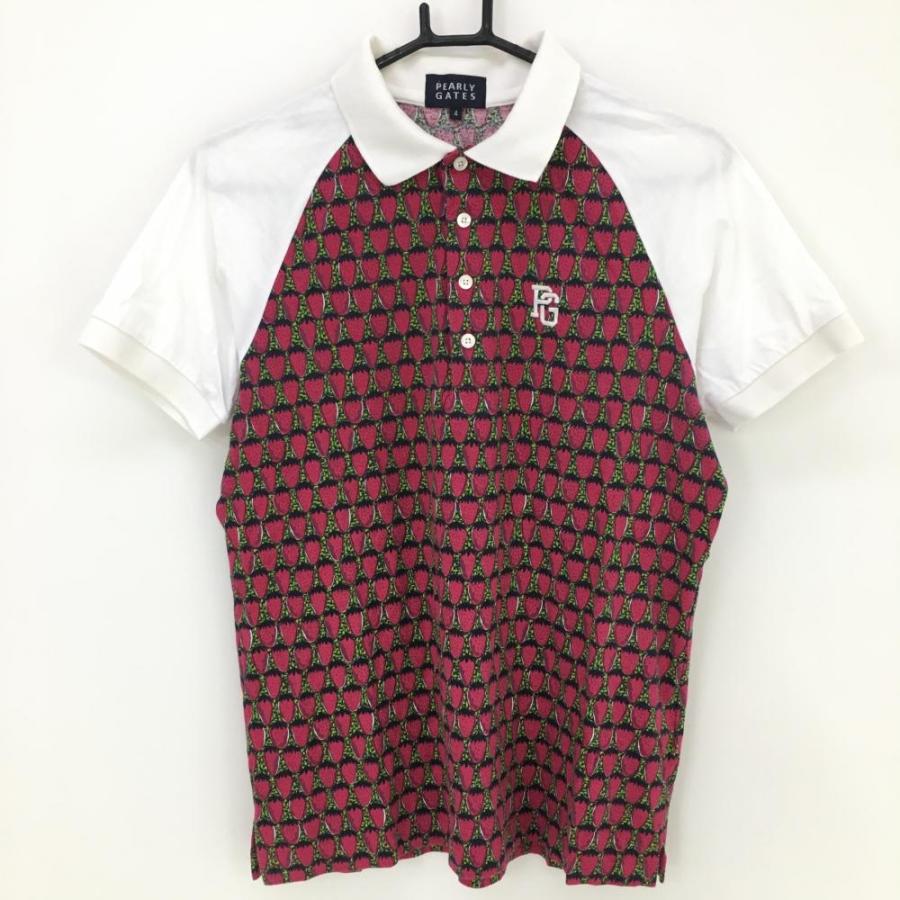 パーリーゲイツ 半袖ポロシャツ ピンク×白 イチゴ総柄 コットン100