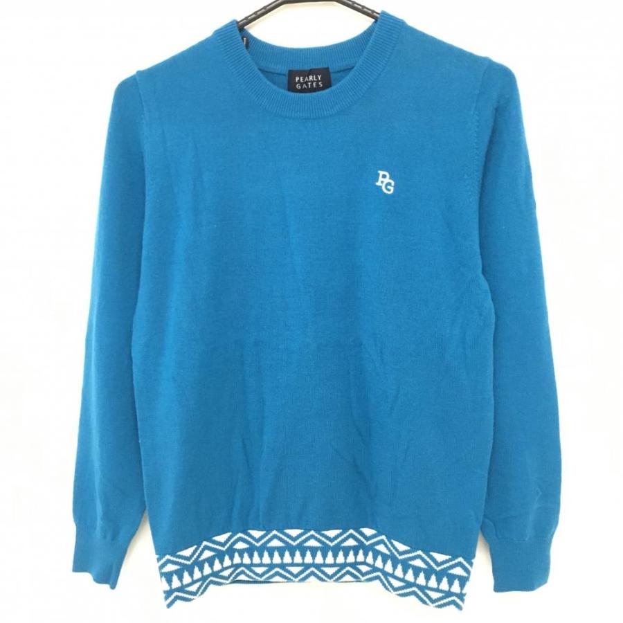 （美品）パーリーゲイツ 、ニュースペーパー柄、ニットセーター、サイズ5 PEARLY GATES パーリーゲイツ セーター ライトブルー×白 裾柄