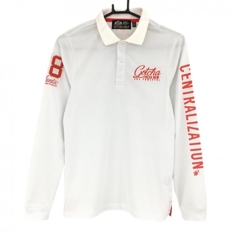 ガッチャゴルフ 長袖ポロシャツ 白×オレンジ 袖英字 襟裏英字プリント