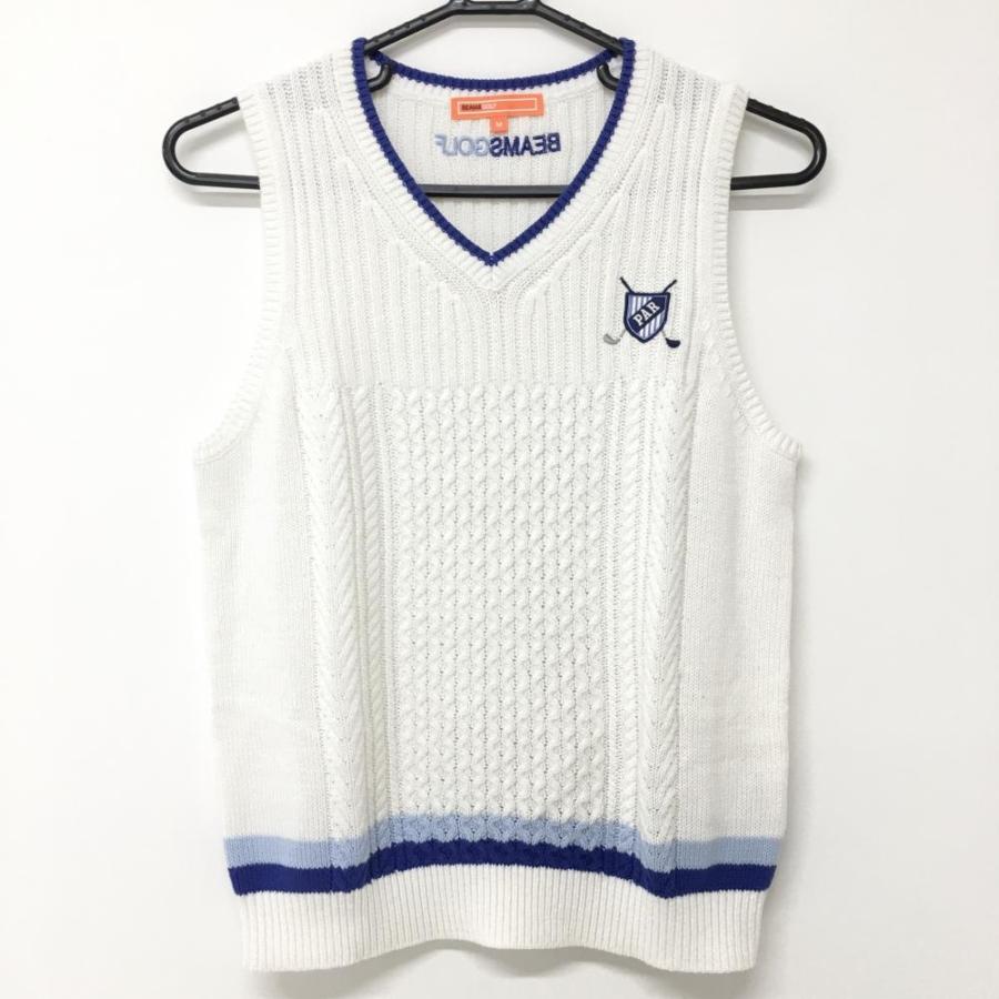 【美品】ビームスゴルフ BEAMS GOLF レディース ベスト M BEAMS ビームスゴルフ ニットベスト 白×ブルー Vネック 裾ライン