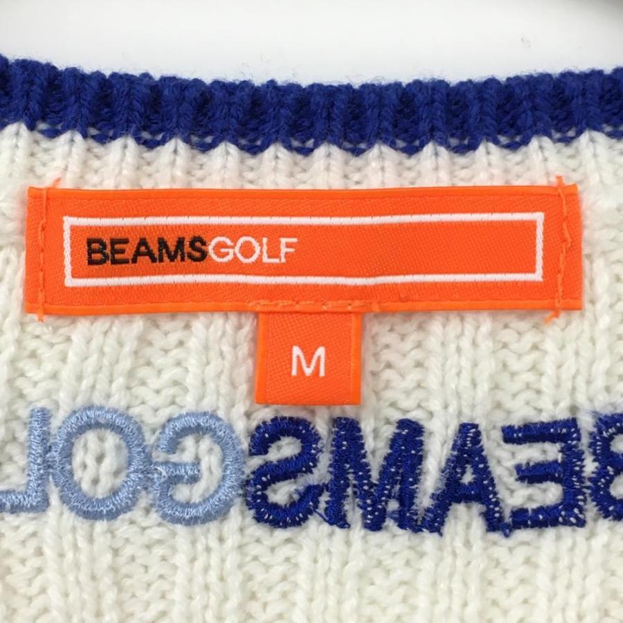 BEAMS ビームスゴルフ ニットベスト 白×ブルー Vネック 裾ライン