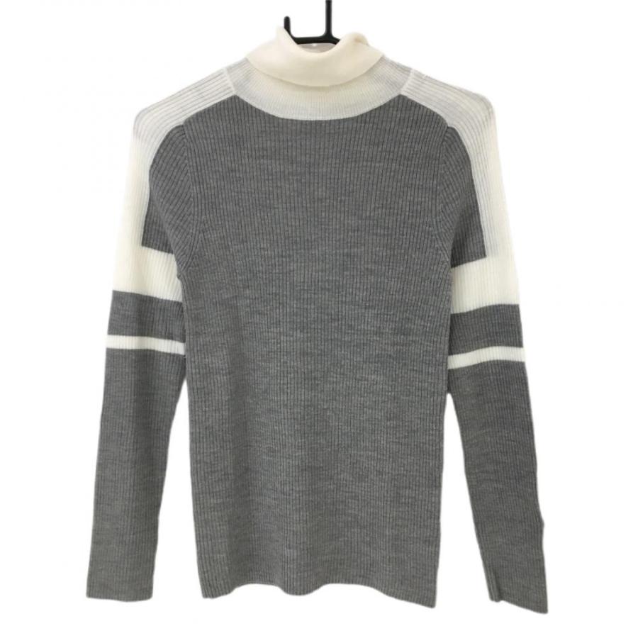 【未使用品】JUN&ROPE タートルネックセーター Lサイズ 超美品】ジュンアンドロペ タートルネックセーター グレー×白 袖ライン
