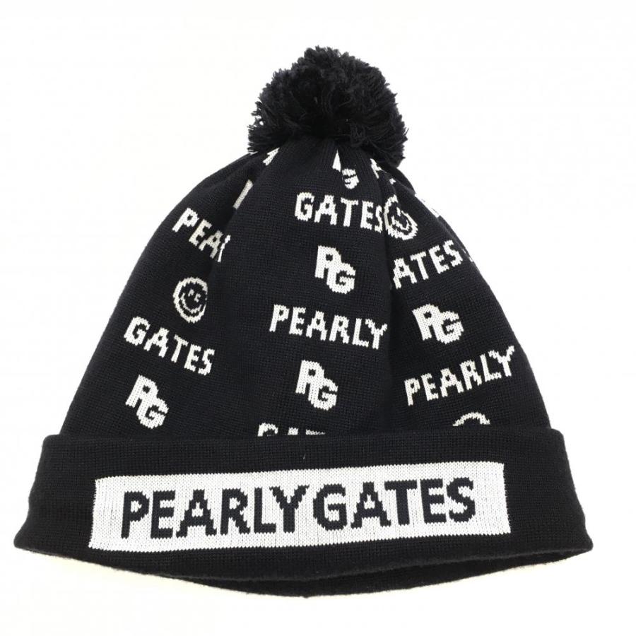 PEARLY GATES ドット柄ニット帽 PEARLY GATES（パーリーゲイツ） ニット帽 ネイビー ロゴ総柄白 裏起毛