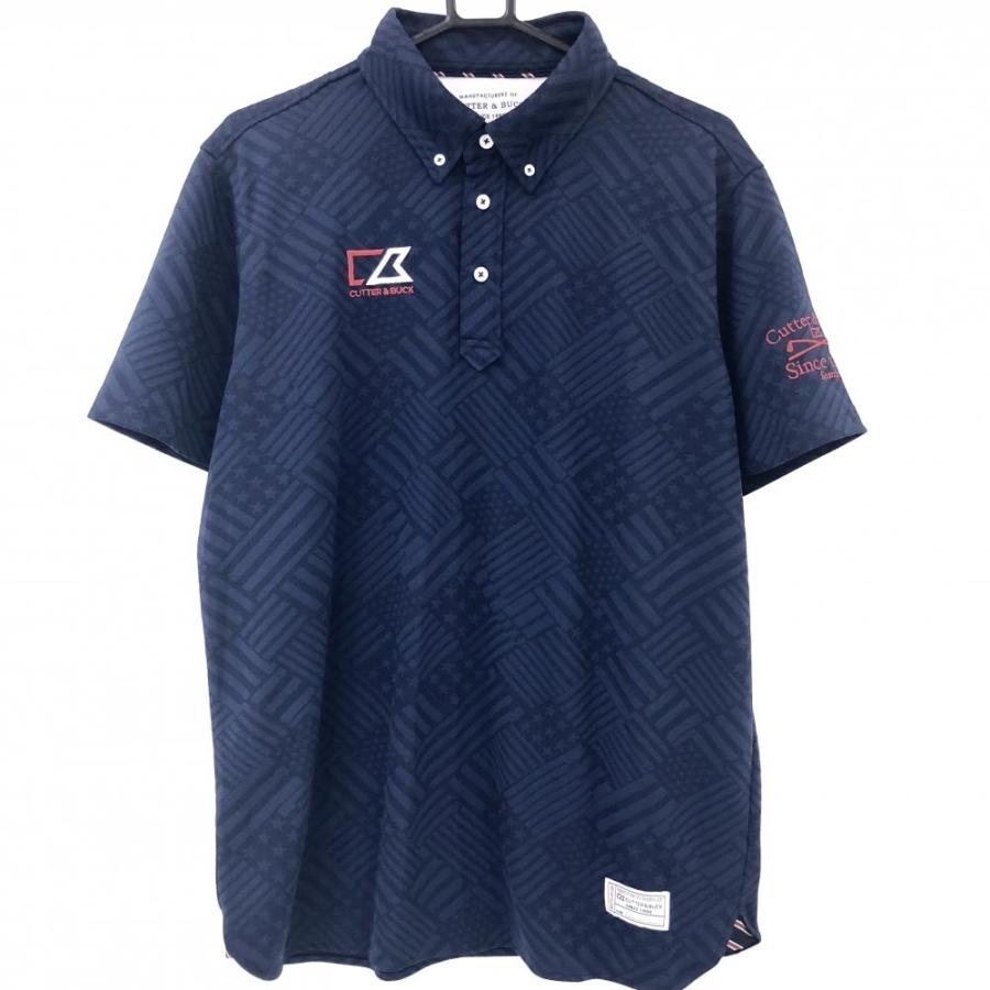 【超美品】カッターアンドバック 半袖ポロシャツ ネイビー 斜めストライプ 星柄 ボタンダウン メンズ LL ゴルフウェア CUTTER