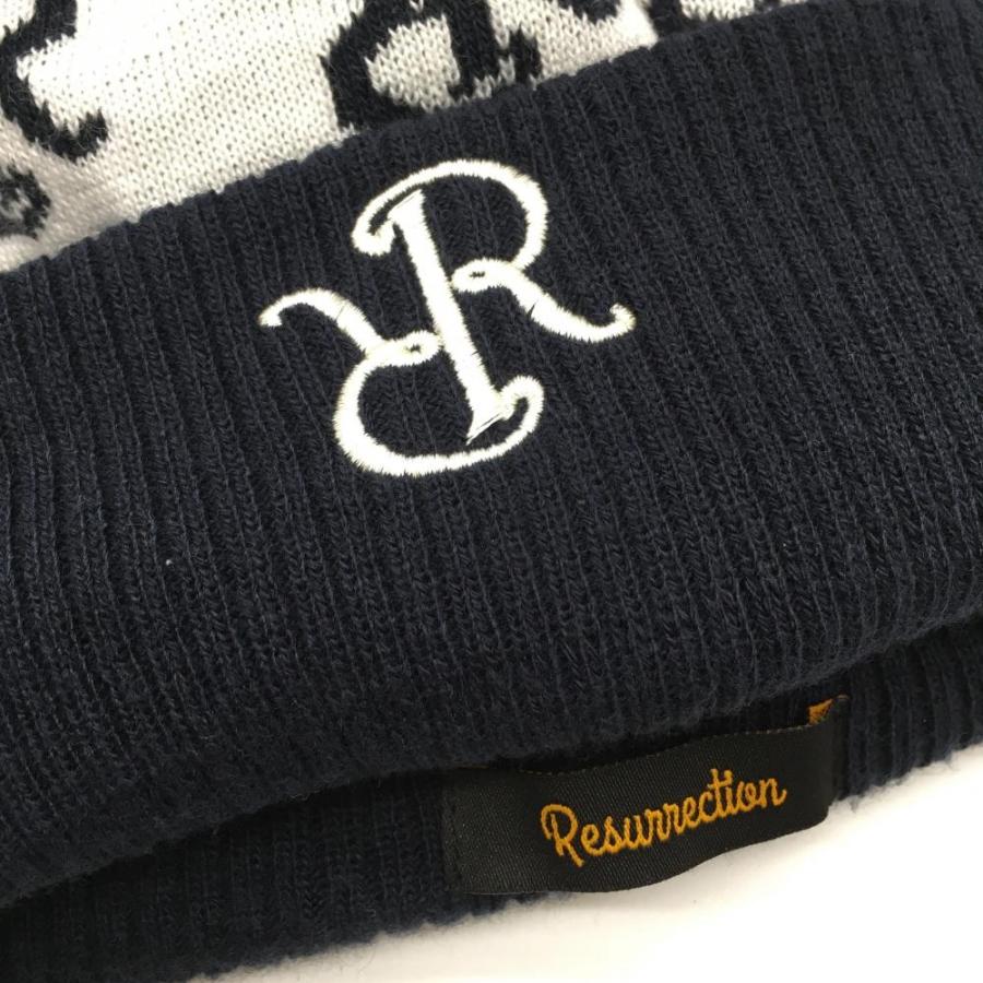 超美品】レザレクション ニット帽 ダークネイビー×白 ボンボン付き