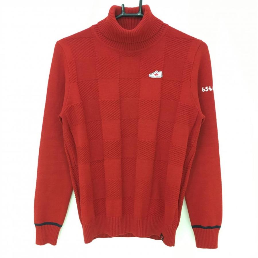 美品】ニューバランス タートルネックセーター レッド ニット チェック
