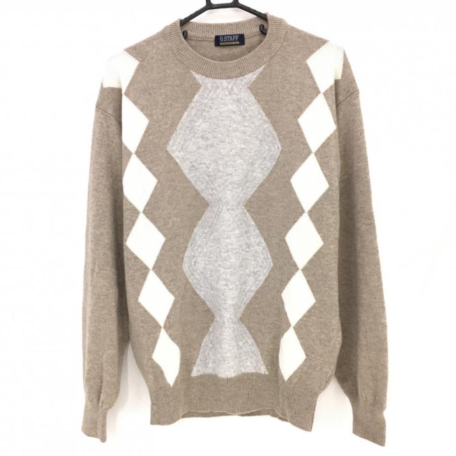 美品】G.STAFF セーター ベージュ系×白 前一部ダイヤ柄 カシミヤ100