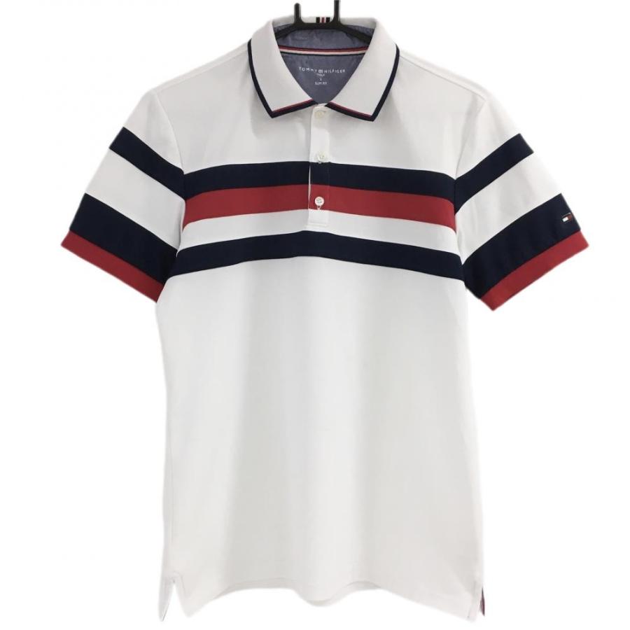 トミーヒルフィガー 半袖ポロシャツ 白×ネイビー 胸ボーダー メンズ Ｌ