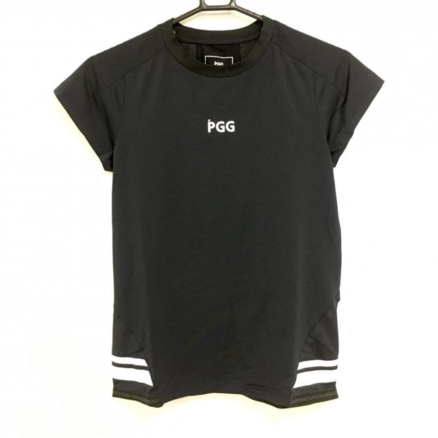 PGG 黒 ハイネック シャツ レディース 超美品】パーリーゲイツ PGG 半袖ハイネックシャツ 黒×白 背面一