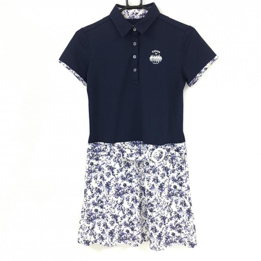 キャロウェイ 半袖ポロワンピース ネイビー×白 スカート花柄 ベルト