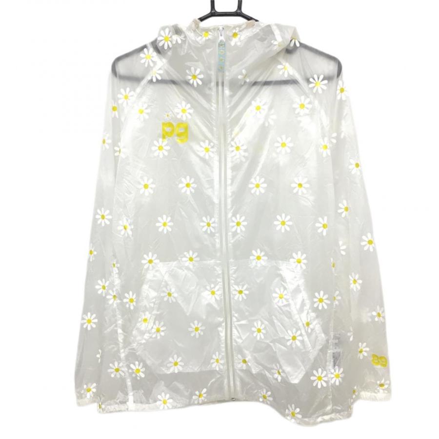 美品】パーリーゲイツ ナイロンパーカー 白×イエロー 花柄 透け感 薄手
