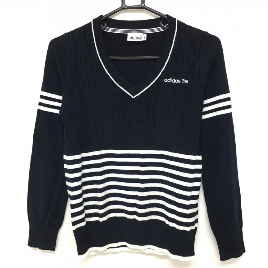 adidas（アディダス） ニットセーター ネイビー×白 一部ボーダー 綿100