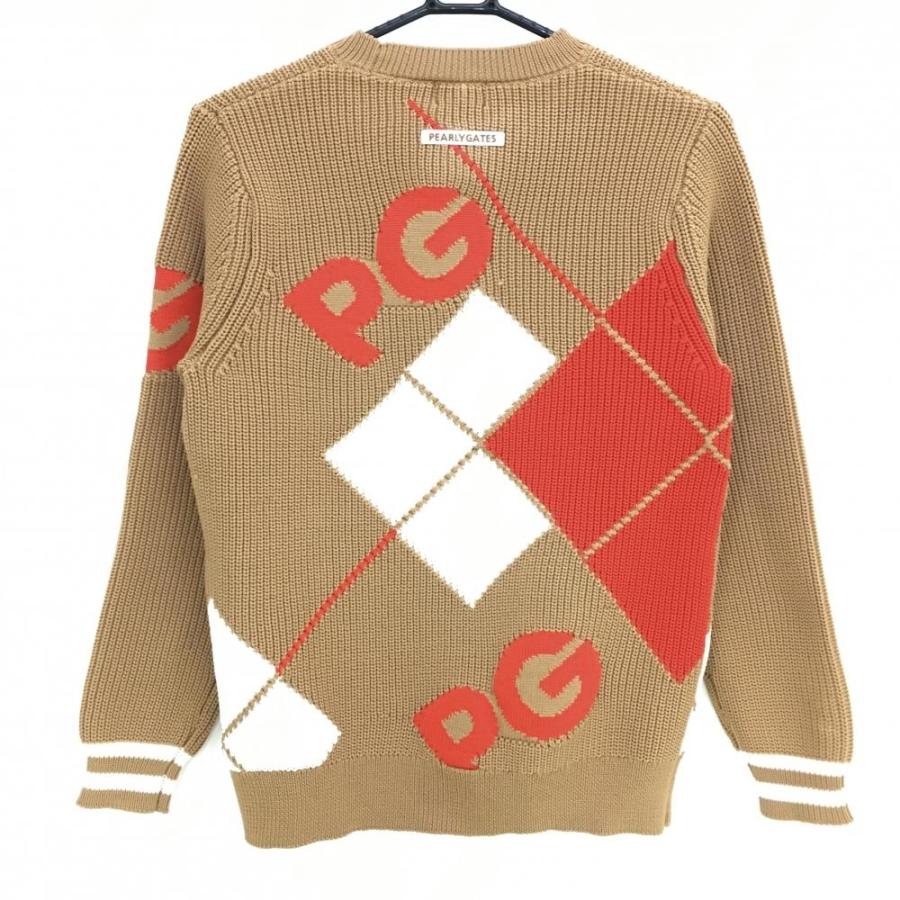 PEARLY GATES 長袖　ダイヤ　刺繍　ニット　セーター　総柄 新品】パーリーゲイツ セーター ブラウン×レッド 一部ダイヤ柄 ニット