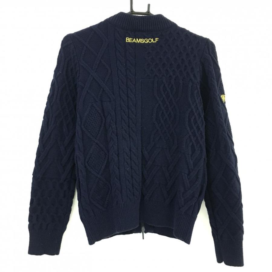 超美品】ビームスゴルフ ニットジャケット ネイビー 一部ケーブル編み 