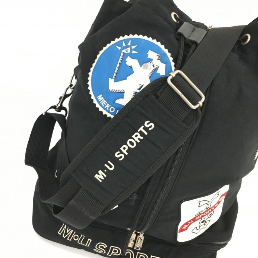 美品 MUスポーツ 巾着 ゴルフバッグ ビッグワッペン 二層式 美品】MUスポーツ ショルダー付きバッグ 黒 複数ビッグワッペン 二層式