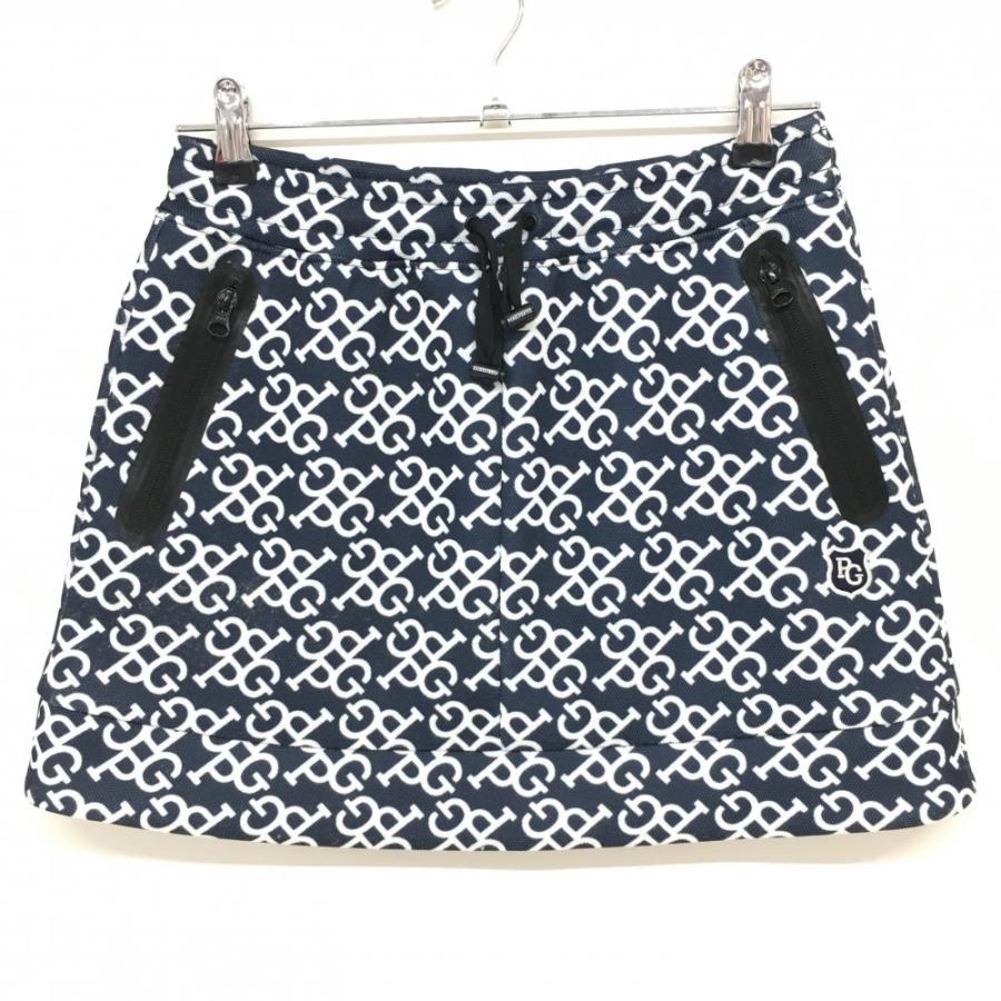 美品】パーリーゲイツ スカート ネイビー×白 ロゴ総柄 ジップポケット  