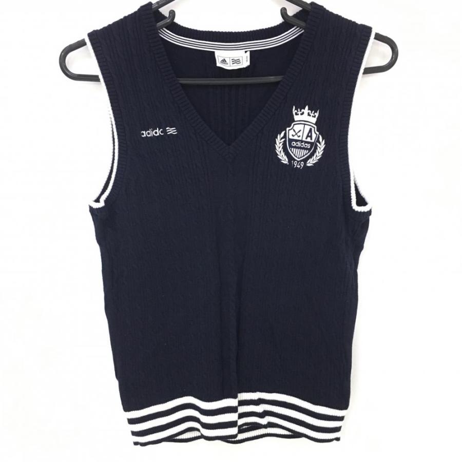  ネイビー ケーブル編みベスト　ゴルフウェア adidas（アディダス） ニットベスト ネイビー×白 ケーブル編み 綿100