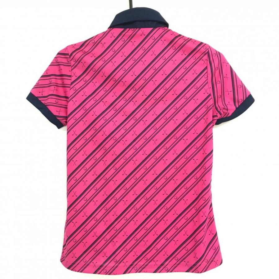 adidas ゴルフ ピンク ストライプ ポロシャツ M 超美品】アディダス 半袖ポロシャツ ピンク×ネイビー 斜めストライプ