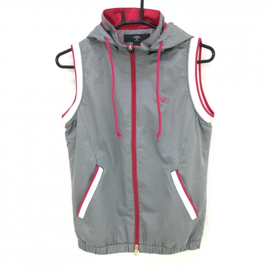 【美品】Callawayフード付きグレー系ベスト(Mサイズ) 超美品】キャロウェイ フード付きベスト グレー×ピンク チェック 裏地
