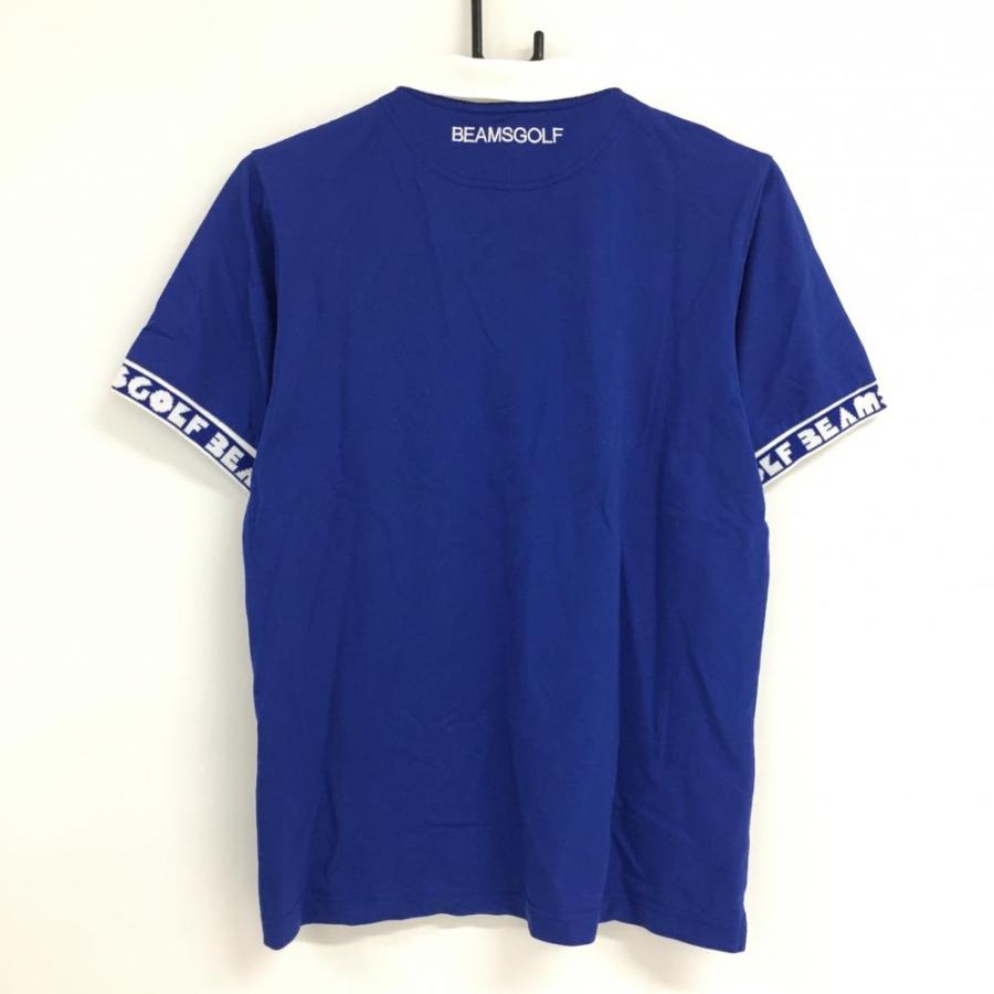 Mサイズ 美品【BEAMS GOLF】ビームスゴルフ 半袖ポロシャツ 日本製 美品】ビームスゴルフ 半袖ポロシャツ ブルー×白 襟一部透かし編み
