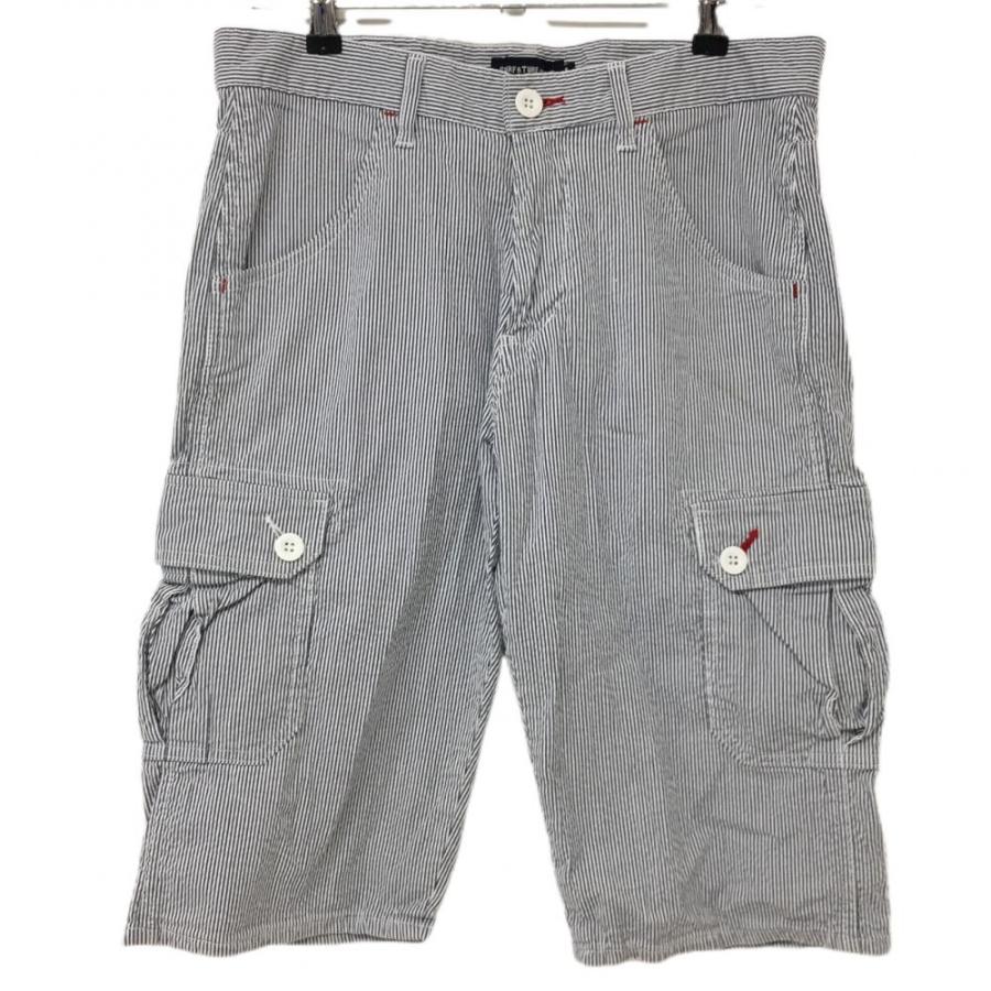 ラフアンドスウェル　ハーフパンツ　ストライプ 美品】ラフアンドスウェル ハーフカーゴパンツ 白×ネイビー ストライプ