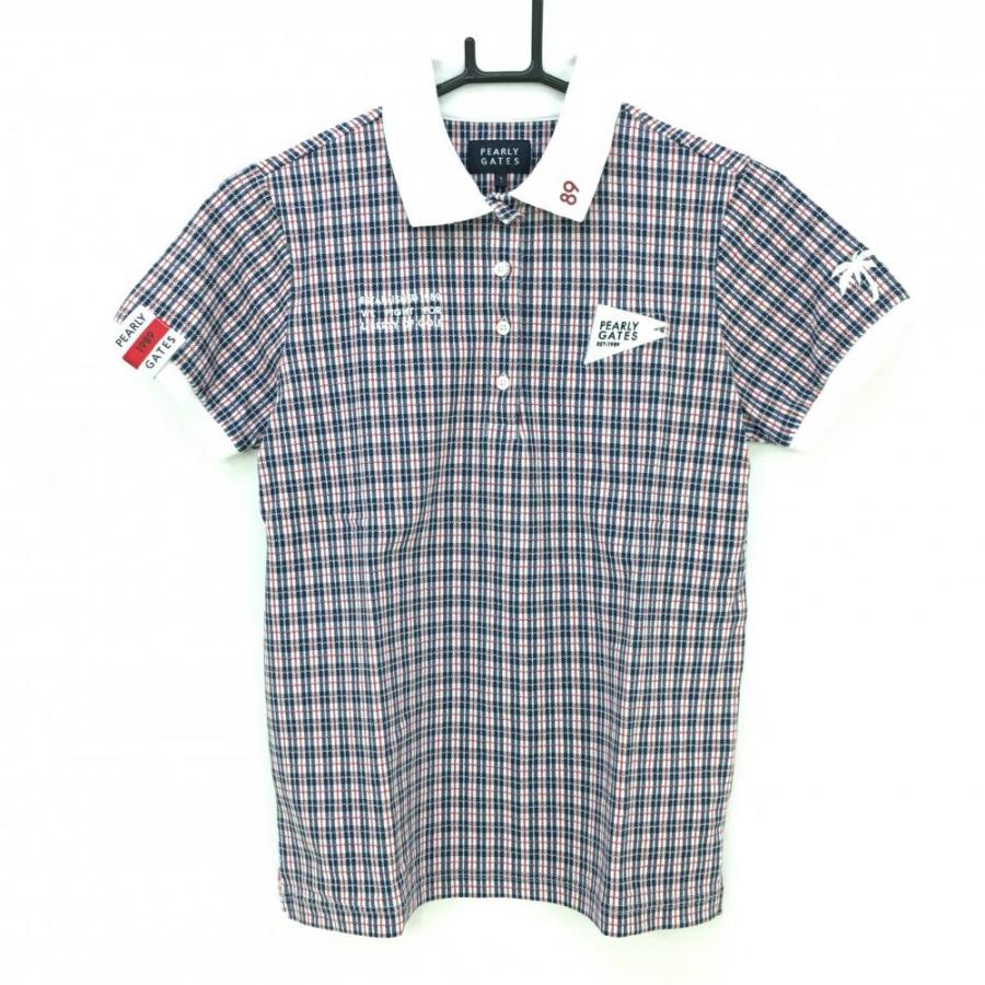 パーリーゲイツ 半袖ポロシャツ 白×ネイビー チェック レディース 1(M 