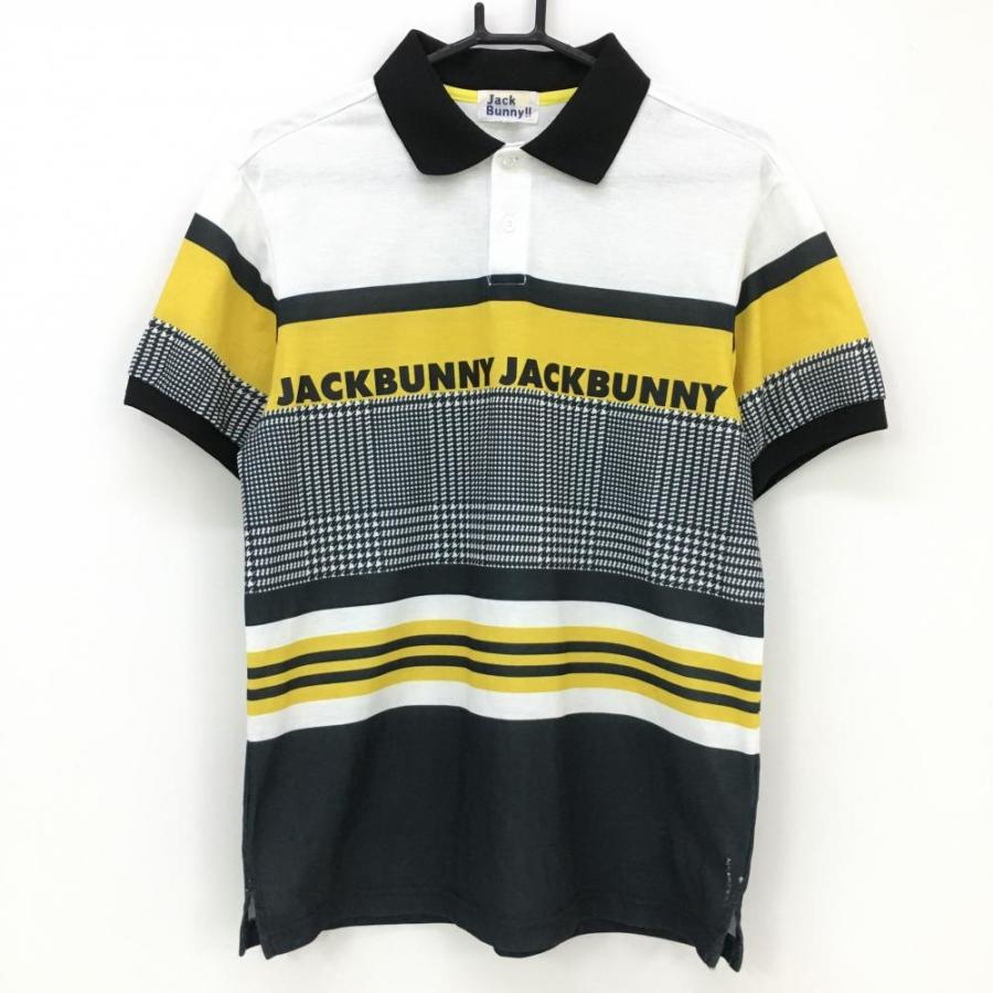 ジャックバニー　半袖ポロシャツ千鳥柄　新品　ゴルフ 美品】ジャックバニー 半袖ポロシャツ 白×イエロー×黒 一部千鳥格子
