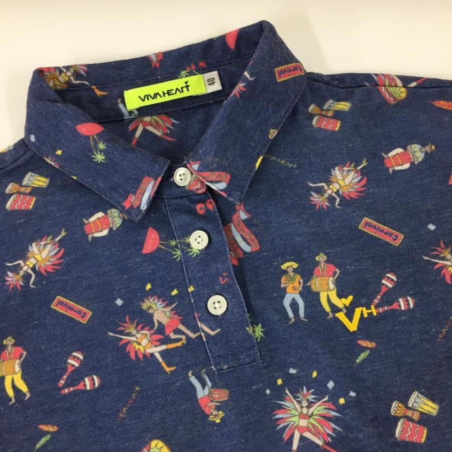 VIVA HEART（ビバハート） 半袖ポロシャツ ネイビー×マルチ アロハ柄