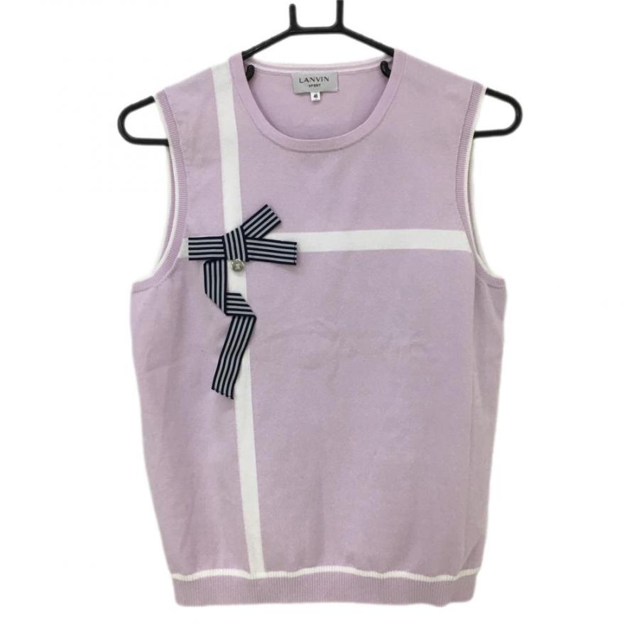 ランバンスポール ニットベスト ライトパープル×白 リボン付き